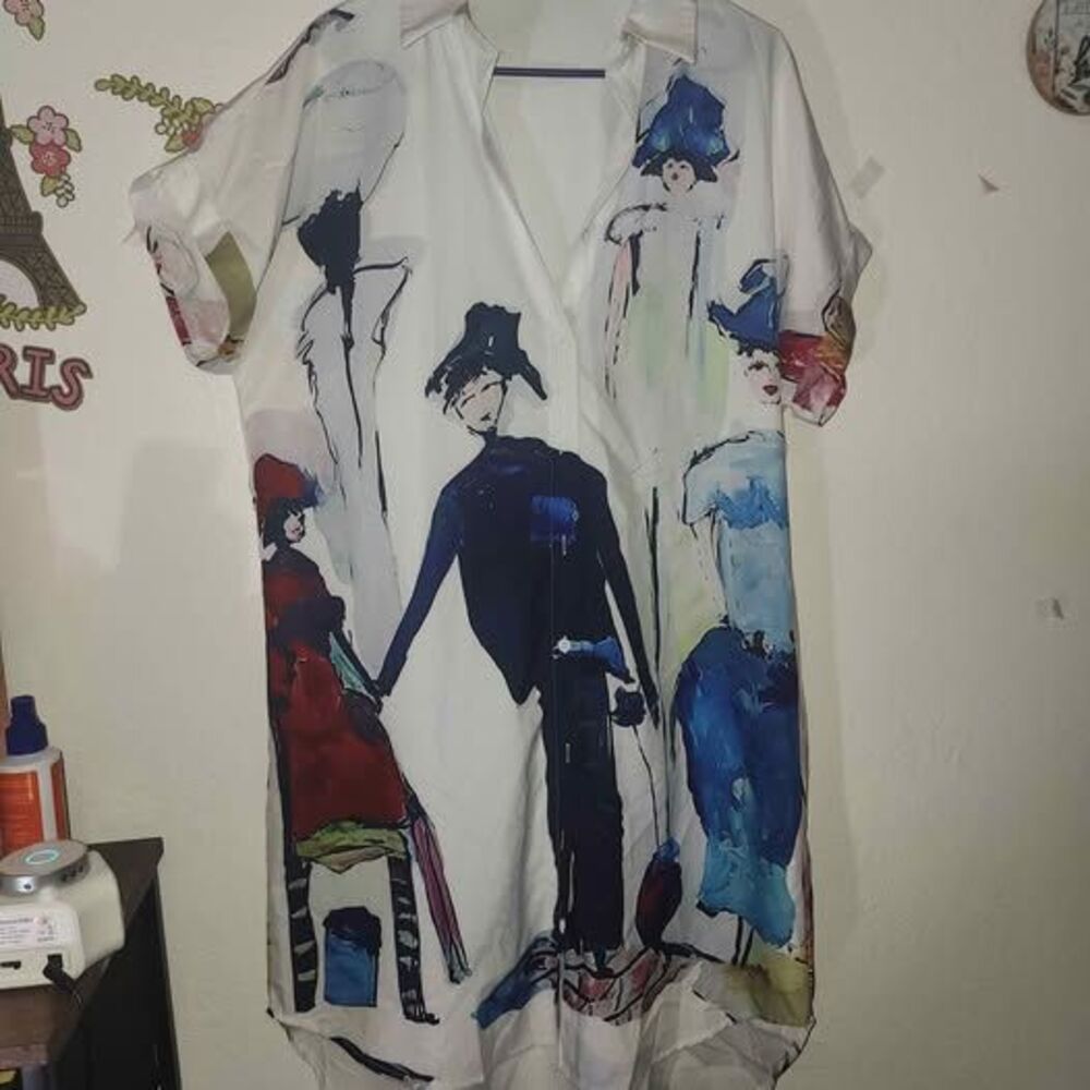 Women's White Multicolored Art Print Shirt Dress M
